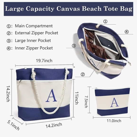 Beach Canvas Bags for Women Initial Tote Waterproof Bag & Cosmetic Bag "M" - Picture 2 of 6